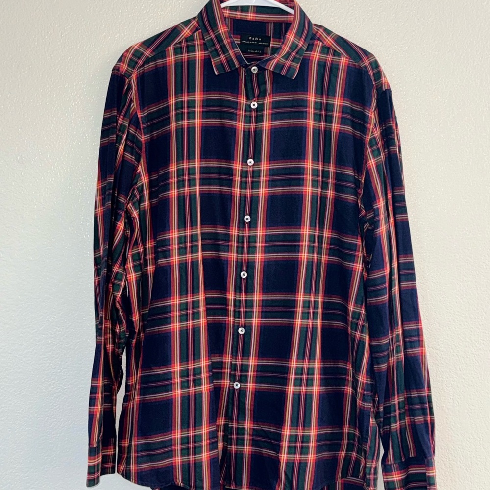 Zara Men's Red and Navy Plaid Button Down Shirt